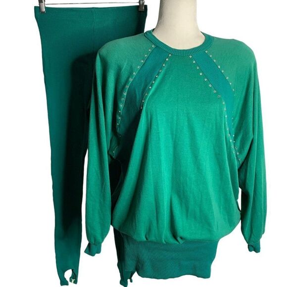 Vintage 80s Tunic Sweater Stirrup Leggings Set L Green Rhinestones Oversized - Picture 1 of 12